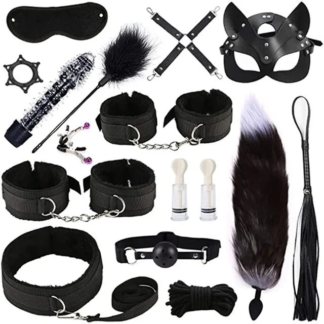 High Quality BDSM Genuine Leather Bondage Set Fetish Handcuffs Collar Gag Whip Erotic Sex Toys For Women Couples Adult Games