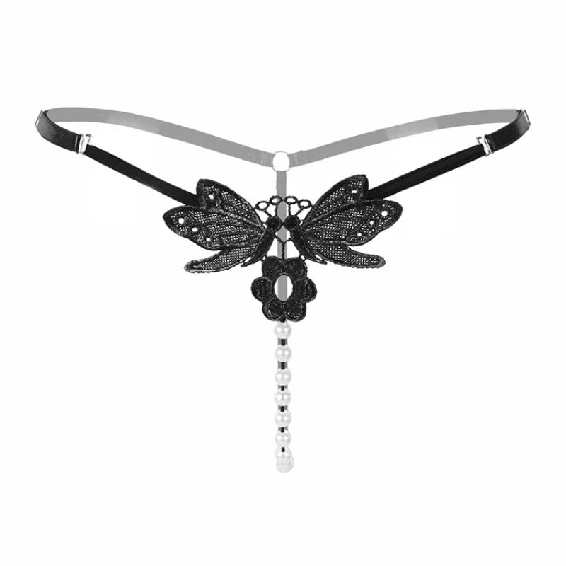Butterfly Pearl Open-Crotch Panties – Sexy Adjustable Thong for Women Lace T-back Underwear
