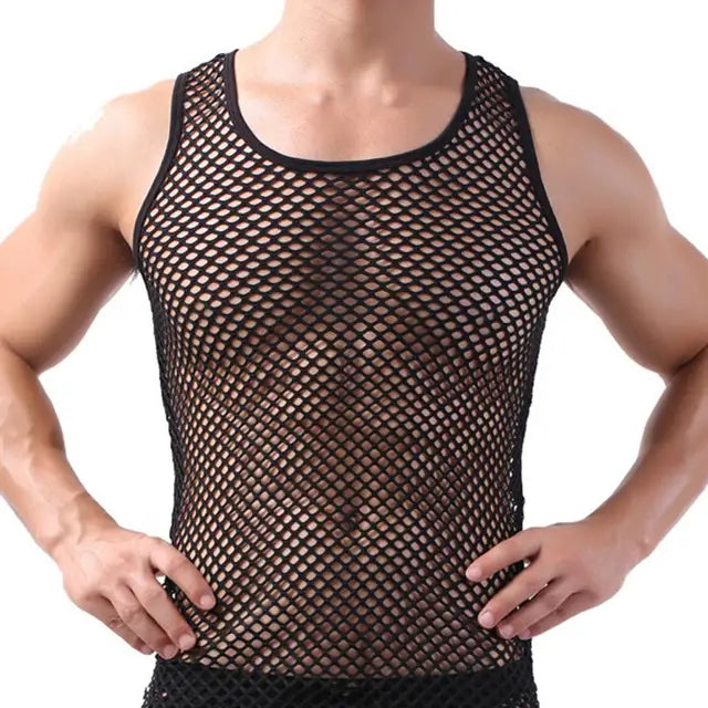 Men's Sexy Fishnet Mesh Tank Top – Transparent Sleeveless Undershirt, Pure Color Vest for Sleep & Underwear