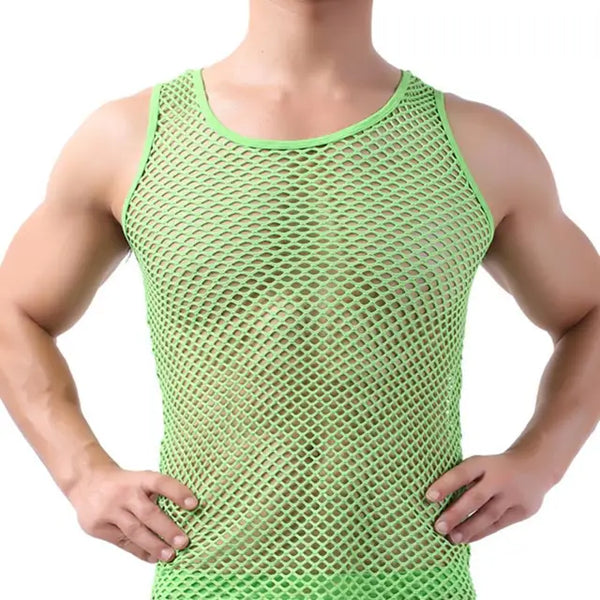 Men's Sexy Fishnet Mesh Tank Top – Transparent Sleeveless Undershirt, Pure Color Vest for Sleep & Underwear
