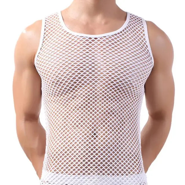 Men's Sexy Fishnet Mesh Tank Top – Transparent Sleeveless Undershirt, Pure Color Vest for Sleep & Underwear
