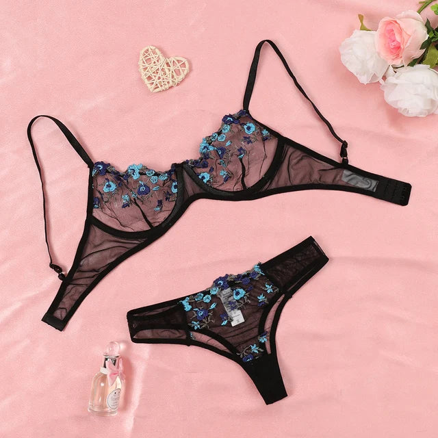 French Red Embroidery Flower Bra & Panty Set – Sexy Lingerie for Women Erotic Clothing