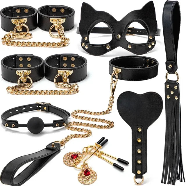 High Quality BDSM Genuine Leather Bondage Set Fetish Handcuffs Collar Gag Whip Erotic Sex Toys For Women Couples Adult Games